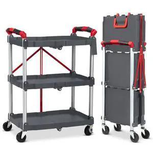 Portable Folding Service Cart, 3 Tier Folding Utility Cart, Collapsible Utility Carts for Office, Warehouse, and Home, 56 Lbs Load Capacity per Shelf (Grey & Red) Portable Folding Service Cart, 3 Tier Folding Utility Cart, Collapsible Utility Carts for Office, Warehouse, and Home, 56 Lbs Load Capacity per Shelf (Grey & Red)