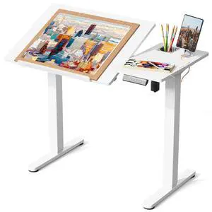 Electric Drafting Table, 40×20" Height Adjustable White Art Desk | 090° Tiltable MDF Top with Long Lip, Drawing Workstation, Cup Holder & Cable Management, for Artist Craft Home Studio Office Electric Drafting Table, 40×20" Height Adjustable White Art Desk | 090° Tiltable MDF Top with Long Lip, Drawing Workstation, Cup Holder & Cable Management, for Artist Craft Home Studio Office