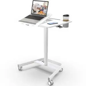 Mobile Standing Desk, 60° Tiltable Rolling Laptop Desk, White | Pneumatic Height Adjustable Cart, Portable Sit Stand Desk with Wheels & Cup Holder for Office Home School, Holds Up to 22lbs Mobile Standing Desk, 60° Tiltable Rolling Laptop Desk, White | Pneumatic Height Adjustable Cart, Portable Sit Stand Desk with Wheels & Cup Holder for Office Home School, Holds Up to 22lbs