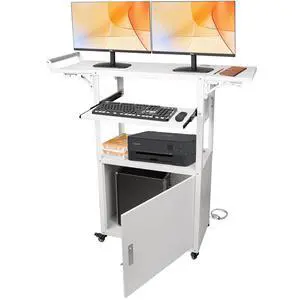 Large Steel AV Cart with Wheels and Drop Leaves, Height Adjustable AV Cart with Locking Cabinet and Power Strips, Rolling Computer Workstation with Pullout Keyboard Tray for Office & Classroom Large Steel AV Cart with Wheels and Drop Leaves, Height Adjustable AV Cart with Locking Cabinet and Power Strips, Rolling Computer Workstation with Pullout Keyboard Tray for Office & Classroom
