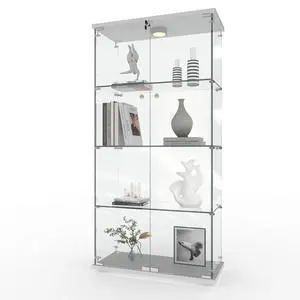 4 Shelves Display Cabinet, Tempered Glass Curio Showcase with LED Light & Lock, Double Doors Storage Cabinet for Living Room Bedroom Office, White, 64x31.7x14.3 Inch 4 Shelves Display Cabinet, Tempered Glass Curio Showcase with LED Light & Lock, Double Doors Storage Cabinet for Living Room Bedroom Office, White, 64x31.7x14.3 Inch