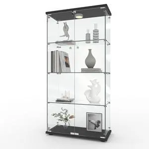 4 Shelves Display Cabinet, Tempered Glass Curio Showcase with LED Light & Lock, Double Doors Storage Cabinet for Living Room Bedroom Office, Black, 64x31.7x14.3 Inch 4 Shelves Display Cabinet, Tempered Glass Curio Showcase with LED Light & Lock, Double Doors Storage Cabinet for Living Room Bedroom Office, Black, 64x31.7x14.3 Inch