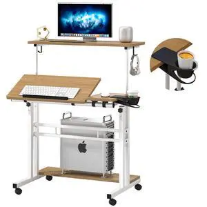Mobile Standing Desk, Adjustable Rolling Computer Desk with 3 Desktops, Portable Laptop Table with Cup Holder, Home Office Laptop Workstation on Lockable Wheels,Khaki Mobile Standing Desk, Adjustable Rolling Computer Desk with 3 Desktops, Portable Laptop Table with Cup Holder, Home Office Laptop Workstation on Lockable Wheels,Khaki
