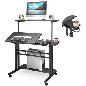 Mobile Standing Desk, Adjustable Rolling Computer Desk with 3 Desktops, Portable Laptop Table with Cup Holder, Home Office Laptop Workstation on Lockable Wheels, Black Mobile Standing Desk, Adjustable Rolling Computer Desk with 3 Desktops, Portable Laptop Table with Cup Holder, Home Office Laptop Workstation on Lockable Wheels, Black
