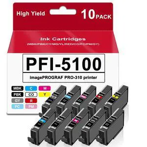 PFI-5100 Ink Cartridges Compatible with Canon imagePROGRAF PRO-310 Printer | High Yield PFI 5100 10-Pack Pigment Ink Set (MBK, PBK, C, M, Y, R, GY, PC, PM, CO) with New Chip Bright Colors PFI-5100 Ink Cartridges Compatible with Canon imagePROGRAF PRO-310 Printer | High Yield PFI 5100 10-Pack Pigment Ink Set (MBK, PBK, C, M, Y, R, GY, PC, PM, CO) with New Chip Bright Colors