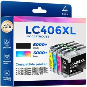 Compatible LC406XL LC406 Ink Cartridges for Brother Printer Replacement for Brother Ink Cartridges LC406 LC406XL Work with Brother MFC-J4335DW J5855DW J6555DW J6955DW Printer,4 Pack High Yield Compatible LC406XL LC406 Ink Cartridges for Brother Printer Replacement for Brother Ink Cartridges LC406 LC406XL Work with Brother MFC-J4335DW J5855DW J6555DW J6955DW Printer,4 Pack High Yield