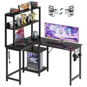 53" L Shaped Gaming Desk with Power Outlets & LED Lights, Reversible Corner Desk with 2-Tier Adjustable Shelves and Headphone Rack for Home Office Setup, Black 53" L Shaped Gaming Desk with Power Outlets & LED Lights, Reversible Corner Desk with 2-Tier Adjustable Shelves and Headphone Rack for Home Office Setup, Black
