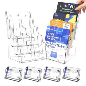2 Pcs Acrylic Brochure Holder 8.5x11 Inch, 4 Tier Clear Pamphlet Holder, With Removable Divider for 4 x9 Inch Flyer Holder, Wall Mount or Desktop Use (With Business Card Holder) 2 Pcs Acrylic Brochure Holder 8.5x11 Inch, 4 Tier Clear Pamphlet Holder, With Removable Divider for 4 x9 Inch Flyer Holder, Wall Mount or Desktop Use (With Business Card Holder)