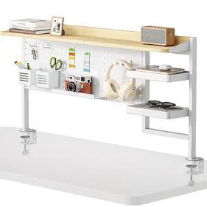Clamp on Desk Shelf, 44" Desktop Shelving System, White | with Pegboard and Accessories, Desktop Organizer with 2-Tier Shelf, Desk Pegboard for Gaming Office Clamp on Desk Shelf, 44" Desktop Shelving System, White | with Pegboard and Accessories, Desktop Organizer with 2-Tier Shelf, Desk Pegboard for Gaming Office