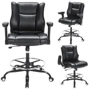 Office Drafting Chair, Tall Desk Chair with Adjustable Armrests and Footrest Ring PU Leather Standing Desk Chair with Extra Thicken Seat Cushion, Comfy High Office Chair for Counter Height Desk, Black Office Drafting Chair, Tall Desk Chair with Adjustable Armrests and Footrest Ring PU Leather Standing Desk Chair with Extra Thicken Seat Cushion, Comfy High Office Chair for Counter Height Desk, Black