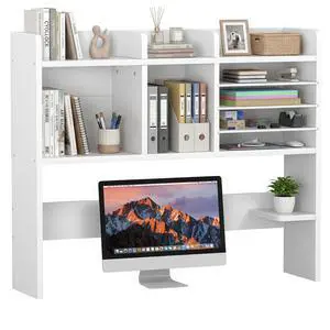 Desktop Bookshelf for Computer Desk - 36" Desk Hutch Organizer with 4-Tier Paper Tray, Tabletop Storage Rack for College Dorm Room Essentials, Home Office Shelving, White Desktop Bookshelf for Computer Desk - 36" Desk Hutch Organizer with 4-Tier Paper Tray, Tabletop Storage Rack for College Dorm Room Essentials, Home Office Shelving, White
