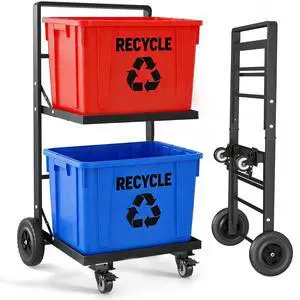 2-Tier Foldable Recycle Bin Cart, Heavy Duty Trash Can Dolly with All-Terrain Wheels & Lockable Casters, 140LBS Capacity Garbage Bin Trolley for Kitchen, Garage, Office, Courtyard 2-Tier Foldable Recycle Bin Cart, Heavy Duty Trash Can Dolly with All-Terrain Wheels & Lockable Casters, 140LBS Capacity Garbage Bin Trolley for Kitchen, Garage, Office, Courtyard