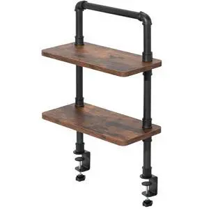 Clamp-on Premium 16 inch Industrial Pipe 2-Tier Tabletop Shelving, Heavy Duty Desk Extension Organizer, Modern Desktop Display Shelf, Rustic Vintage Brown Shelves, DESK-SHELF16-2N Clamp-on Premium 16 inch Industrial Pipe 2-Tier Tabletop Shelving, Heavy Duty Desk Extension Organizer, Modern Desktop Display Shelf, Rustic Vintage Brown Shelves, DESK-SHELF16-2N
