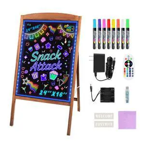 LED Message Writing Board 24"x16", Standing A-Frame Wooden LED Message Board Illuminated Erasable Neon Menu Sign, 8 Colors Markers & 16 Lighting Colors Flashing DIY Chalkboard Drawing Board LED Message Writing Board 24"x16", Standing A-Frame Wooden LED Message Board Illuminated Erasable Neon Menu Sign, 8 Colors Markers & 16 Lighting Colors Flashing DIY Chalkboard Drawing Board
