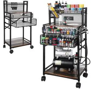 5 Tiers Airbrush Paint Storage Art Cart for Air Compressor & Paint | Metal Rolling Craft Cart with 360° Lockable Wheels, 2 Drawers, 2 Airbrush Holders, 1 Paint Brush Holder 5 Tiers Airbrush Paint Storage Art Cart for Air Compressor & Paint | Metal Rolling Craft Cart with 360° Lockable Wheels, 2 Drawers, 2 Airbrush Holders, 1 Paint Brush Holder