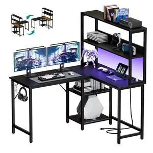L Shaped Desk, Gaming Desk, LED Lights, 43 Inch | Power Outlets, Reversible Corner Home Office Table, Adjustable Shelf CPU Stand, Black L Shaped Desk, Gaming Desk, LED Lights, 43 Inch | Power Outlets, Reversible Corner Home Office Table, Adjustable Shelf CPU Stand, Black