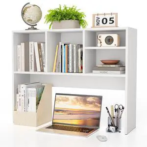 2-Tier Desktop Bookshelf Hutch, Wood Countertop Storage Organizer with 4 Storage Compartments for Computer Desk, Multipurpose Tabletop Display Rack for Home Office Dorm Bedroom, White 2-Tier Desktop Bookshelf Hutch, Wood Countertop Storage Organizer with 4 Storage Compartments for Computer Desk, Multipurpose Tabletop Display Rack for Home Office Dorm Bedroom, White