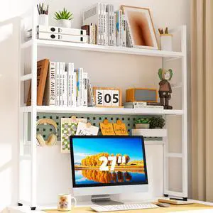 Desk Shelf, Desk Hutch Bookshelf, Desktop Shelf with Pegboard, White | L35.43", 2 Tier Bookcase, for Computer Monitor, Metal Desktop Hutch, Storage Organizer for Dorm Home Office Desk Shelf, Desk Hutch Bookshelf, Desktop Shelf with Pegboard, White | L35.43", 2 Tier Bookcase, for Computer Monitor, Metal Desktop Hutch, Storage Organizer for Dorm Home Office