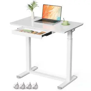 32inch Small Glass Standing Desk, Pneumatic Height Adjustable Sit Stand Desk, Rolling Laptop Desk with Drawers, White Portable Computer Table with Hidden Wheels or Lockable Casters 32inch Small Glass Standing Desk, Pneumatic Height Adjustable Sit Stand Desk, Rolling Laptop Desk with Drawers, White Portable Computer Table with Hidden Wheels or Lockable Casters