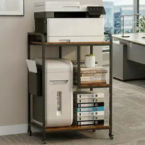 Printer Stand with Storage: 40-inch Tall 3-Tier Printer Table & Cart with Wheels, Left/Right Adjustable Shelf for Home Office, PC Tower & Paper Shredder, Rustic Brown Printer Stand with Storage: 40-inch Tall 3-Tier Printer Table & Cart with Wheels, Left/Right Adjustable Shelf for Home Office, PC Tower & Paper Shredder, Rustic Brown