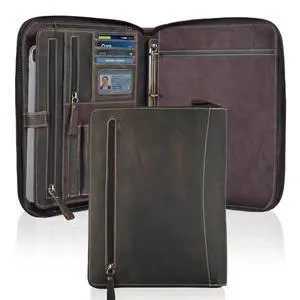 Genuine Leather Zipper Portfolio Organizer - Professional Business 4 Ring Binder Padfolio Binder for Documents, Cards, iPad, Tablet, Phone, Resume Folder, Folio for Men & Women -Brown Genuine Leather Zipper Portfolio Organizer - Professional Business 4 Ring Binder Padfolio Binder for Documents, Cards, iPad, Tablet, Phone, Resume Folder, Folio for Men & Women -Brown