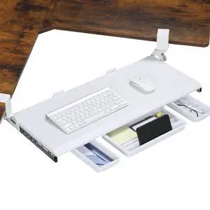 Keyboard Tray Under Desk, Ergonomic Corner Keyboard Tray with 180° Adjustable C Clamp for L Shape Desk 26.77" X 12.2" Easy to Install, Computer Keyboard Stand for Home and Office (White) Keyboard Tray Under Desk, Ergonomic Corner Keyboard Tray with 180° Adjustable C Clamp for L Shape Desk 26.77" X 12.2" Easy to Install, Computer Keyboard Stand for Home and Office (White)
