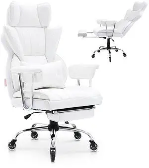 Reclining Office Chair with Footrest, Heavy Duty PU Leather Oversize Office Chair, Big and Tall Executive Office Chairs with Lumbar Support, Strong Metal Base Quiet Wheels, White Reclining Office Chair with Footrest, Heavy Duty PU Leather Oversize Office Chair, Big and Tall Executive Office Chairs with Lumbar Support, Strong Metal Base Quiet Wheels, White