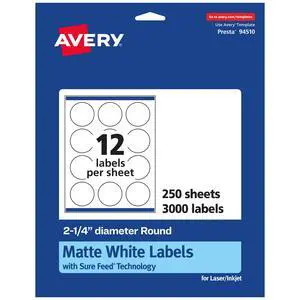 ® Matte White Round Labels, Sure Feed® Technology, 2.25" Diameter, 3,000 Matte White Printable Labels ® Matte White Round Labels, Sure Feed® Technology, 2.25" Diameter, 3,000 Matte White Printable Labels