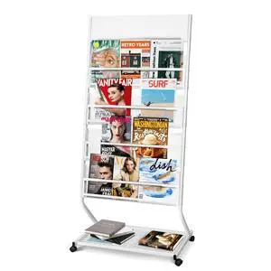 4-Tier Rolling Magazine Rack, Floor Standing Brochure & Literature Display Stand, 23.4" Wide, White 4-Tier Rolling Magazine Rack, Floor Standing Brochure & Literature Display Stand, 23.4" Wide, White
