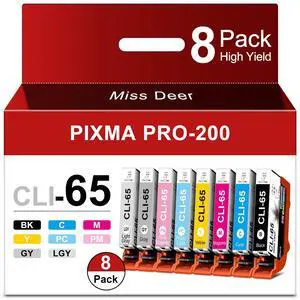 CLI-65 CLI65 Ink Cartridges Compatible for Canon Pixma Pro 200 | 8-Pack High Yield Replacement for Pro 200s Pro200 Printer Photographer (BK/C/M/Y/PC/PM/GY/LGY) Smart chip, Photo Printing CLI-65 CLI65 Ink Cartridges Compatible for Canon Pixma Pro 200 | 8-Pack High Yield Replacement for Pro 200s Pro200 Printer Photographer (BK/C/M/Y/PC/PM/GY/LGY) Smart chip, Photo Printing