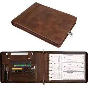 Genuine Leather Business Binder, 7 Ring Check Binder for Business, Personalized Engraved, 600 Checks Capacity for 9 13 Inch Sheet (Dark Khaki) Genuine Leather Business Binder, 7 Ring Check Binder for Business, Personalized Engraved, 600 Checks Capacity for 9 13 Inch Sheet (Dark Khaki)