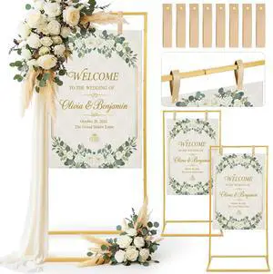 3 Pack Wedding Sign Holder Adjustable Metal Wedding Sign Stand with 8 Leather Straps Floor Display Easel Stand for Welcome Seating Chart Ceremony Reception Decor(Gold) 3 Pack Wedding Sign Holder Adjustable Metal Wedding Sign Stand with 8 Leather Straps Floor Display Easel Stand for Welcome Seating Chart Ceremony Reception Decor(Gold)