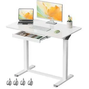 Glass Standing Desk with Drawers, 35inch Small Mobile Laptop Desk, Height Adjustable Rolling Sit Stand Desk, White Pneumatic Portable Computer Desk with Hidden Wheels or Lockable Casters Glass Standing Desk with Drawers, 35inch Small Mobile Laptop Desk, Height Adjustable Rolling Sit Stand Desk, White Pneumatic Portable Computer Desk with Hidden Wheels or Lockable Casters