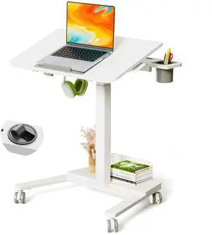 Mobile Standing Desk with Storage Shelf & 60° Tiltable Top | 28" Height Adjustable Rolling Laptop Desk on Wheels, Portable Computer Workstation for Working, Drawing, Crafting, White Mobile Standing Desk with Storage Shelf & 60° Tiltable Top | 28" Height Adjustable Rolling Laptop Desk on Wheels, Portable Computer Workstation for Working, Drawing, Crafting, White