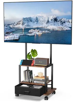Rolling TV Stand with Fabric Drawer for 32-55" TV - Mobile TV Cart with Mount for Bedroom, Living Room, Outdoor - Brown & Black Rolling TV Stand with Fabric Drawer for 32-55" TV - Mobile TV Cart with Mount for Bedroom, Living Room, Outdoor - Brown & Black