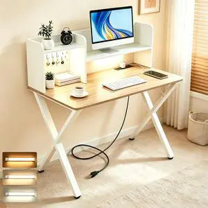 44"×24" White Computer Desk Home Office Gaming Desk with Charging Station Pegboard Motion Sensor Light, Modern Study Desk for Bedroom Living Room Game Kids Room Nursery 44"×24" White Computer Desk Home Office Gaming Desk with Charging Station Pegboard Motion Sensor Light, Modern Study Desk for Bedroom Living Room Game Kids Room Nursery