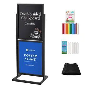 2 Tier Poster Stand with Double Sided Chalkboard - Heavy Duty Metal Frame Slide-in Chalk Board Sign Holder Banner Display Pizarra for Business, Store, Trade, Wedding 2 Tier Poster Stand with Double Sided Chalkboard - Heavy Duty Metal Frame Slide-in Chalk Board Sign Holder Banner Display Pizarra for Business, Store, Trade, Wedding