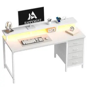Computer Desk, 4 Drawer Gaming Desk with Power Outlets and LED Lights, Office Desks for Small Spaces with Monitor Shelf,Writing Desks for Home Office, Bedroom,Study, White Computer Desk, 4 Drawer Gaming Desk with Power Outlets and LED Lights, Office Desks for Small Spaces with Monitor Shelf,Writing Desks for Home Office, Bedroom,Study, White