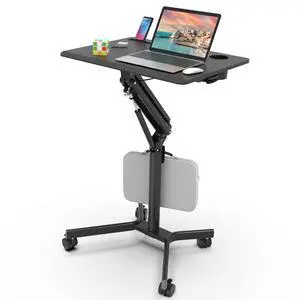 Mobile Standing Desk, 28" Black Portable Laptop Desk with Wheels | Small Height Adjustable Rolling Sit-Stand Workstation, Slim Ergonomic Teacher Stand Up Desk with Cup Holder for Home Office Mobile Standing Desk, 28" Black Portable Laptop Desk with Wheels | Small Height Adjustable Rolling Sit-Stand Workstation, Slim Ergonomic Teacher Stand Up Desk with Cup Holder for Home Office