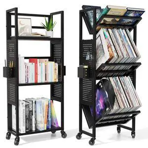 Rolling Book Cart with Wheels, 3-Tier Portable Bookshelf 9.5" D x 17.9" W x 43" H Vinyl Record Storage Cart for Albums & Record Player Stand, Storage Organizer with Side Hooks & Bins Rolling Book Cart with Wheels, 3-Tier Portable Bookshelf 9.5" D x 17.9" W x 43" H Vinyl Record Storage Cart for Albums & Record Player Stand, Storage Organizer with Side Hooks & Bins