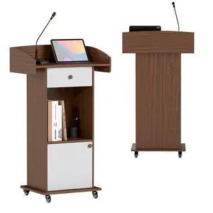 Portable Podium Stand with Metal Wheels, Rolling Podium with Drawer and Storage Cabinet, Mobile Pulpit for Church, Wooden Lectern for Classroom Office Restaurant Conference (Brown White) Portable Podium Stand with Metal Wheels, Rolling Podium with Drawer and Storage Cabinet, Mobile Pulpit for Church, Wooden Lectern for Classroom Office Restaurant Conference (Brown White)