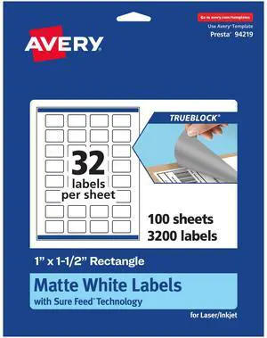 ® TrueBlock® Matte White Rectangle Labels, Sure Feed® Technology, 1" x 1.5", 3,200 Matte White Labels, Print-to-The-Edge, Laser/Inkjet Printable, Great for Packaging and Product Merchandising ® TrueBlock® Matte White Rectangle Labels, Sure Feed® Technology, 1" x 1.5", 3,200 Matte White Labels, Print-to-The-Edge, Laser/Inkjet Printable, Great for Packaging and Product Merchandising