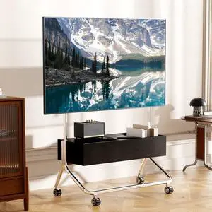 Mobile TV Cart with Solid Wood Assembly-Free Cabinet for 42-75 Inch TVs | Heavy Duty Portable Floor Stainless Steel Mobile TV Stand,Medieval style,Up to 180LBS,Max VESA 600X500mm Mobile TV Cart with Solid Wood Assembly-Free Cabinet for 42-75 Inch TVs | Heavy Duty Portable Floor Stainless Steel Mobile TV Stand,Medieval style,Up to 180LBS,Max VESA 600X500mm