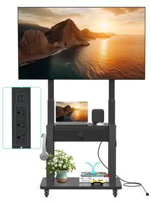 Rolling TV Stand with Power Outlet and Fabric Drawer for 32-75 Inch Flat/Curved Screen up to 220lbs LCD/LED/OLED Adjustable Height Mobile TV Cart with Wheels for Home Office Max VESA 600x400mm Black Rolling TV Stand with Power Outlet and Fabric Drawer for 32-75 Inch Flat/Curved Screen up to 220lbs LCD/LED/OLED Adjustable Height Mobile TV Cart with Wheels for Home Office Max VESA 600x400mm Black