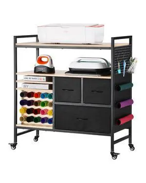 Rolling Craft Cart and Storage Table, Compatible with Cricut Machines, Crafting Table Organization Workstation, Craft Rolling Storage Organizer with 20 Vinyl Roll Holders and 3 Drawers, Black Rolling Craft Cart and Storage Table, Compatible with Cricut Machines, Crafting Table Organization Workstation, Craft Rolling Storage Organizer with 20 Vinyl Roll Holders and 3 Drawers, Black