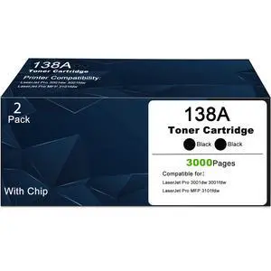 138A Black Compatible Toner Cartridge (with Chip) Replacement for HP 138A W1380A 138X W1380X, Compatible with Pro 3001dw 3001fdw Printers and LaserJet Pro MFP 3101fdw Series Printers (2 Pack Black) 138A Black Compatible Toner Cartridge (with Chip) Replacement for HP 138A W1380A 138X W1380X, Compatible with Pro 3001dw 3001fdw Printers and LaserJet Pro MFP 3101fdw Series Printers (2 Pack Black)