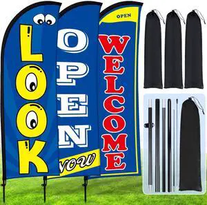 3 Sets Now Open Look Welcome Feather Flag Banners Advertising Sign for Business 7 Feet Tall Open Swooper Flag Sign with Fiberglass Pole Kit Rotating Ground Spike and Portable Bag (Blue) 3 Sets Now Open Look Welcome Feather Flag Banners Advertising Sign for Business 7 Feet Tall Open Swooper Flag Sign with Fiberglass Pole Kit Rotating Ground Spike and Portable Bag (Blue)
