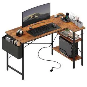 Corner Gaming Desk with Power Strip, Storage Shelves | L Shaped 39 Inch Computer Workstation, Hanging Fabric Organizer, Home Office Bedroom, Brown Corner Gaming Desk with Power Strip, Storage Shelves | L Shaped 39 Inch Computer Workstation, Hanging Fabric Organizer, Home Office Bedroom, Brown