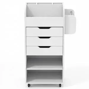 Rolling Storage Drawer Cart, Home Office Mobile Drawer Cart, Wooden Utility Cart Storage Cabinet w/ 3 Drawers & 3 Open Storage Shelves, Paper Organizer w/Lockable Casters Rolling Storage Drawer Cart, Home Office Mobile Drawer Cart, Wooden Utility Cart Storage Cabinet w/ 3 Drawers & 3 Open Storage Shelves, Paper Organizer w/Lockable Casters