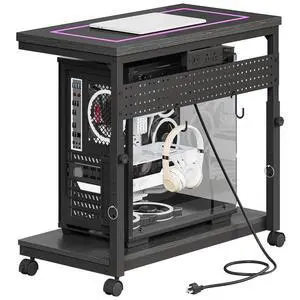 31.5" Large Computer Tower Stand with Power Outlet, Under-Desk PC Cart with 2 Hooks, PC Stand with LED, Height Adjustable PC Tower Holder on Wheels, for Living Room, Office, Black TCJ51UDBB 31.5" Large Computer Tower Stand with Power Outlet, Under-Desk PC Cart with 2 Hooks, PC Stand with LED, Height Adjustable PC Tower Holder on Wheels, for Living Room, Office, Black TCJ51UDBB